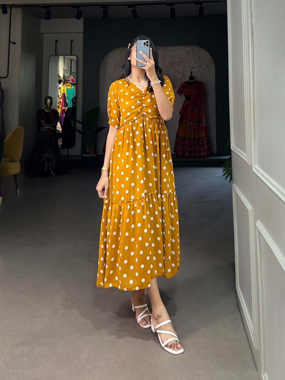 Amazing Yellow Color Georgette Polka Dot Print Gown
