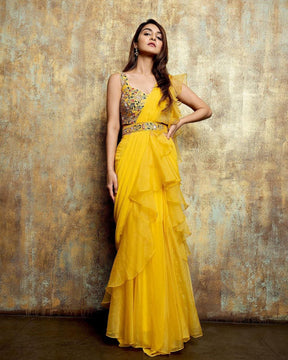 Beautiful Organza Silk Ready to wear saree (Yellow)