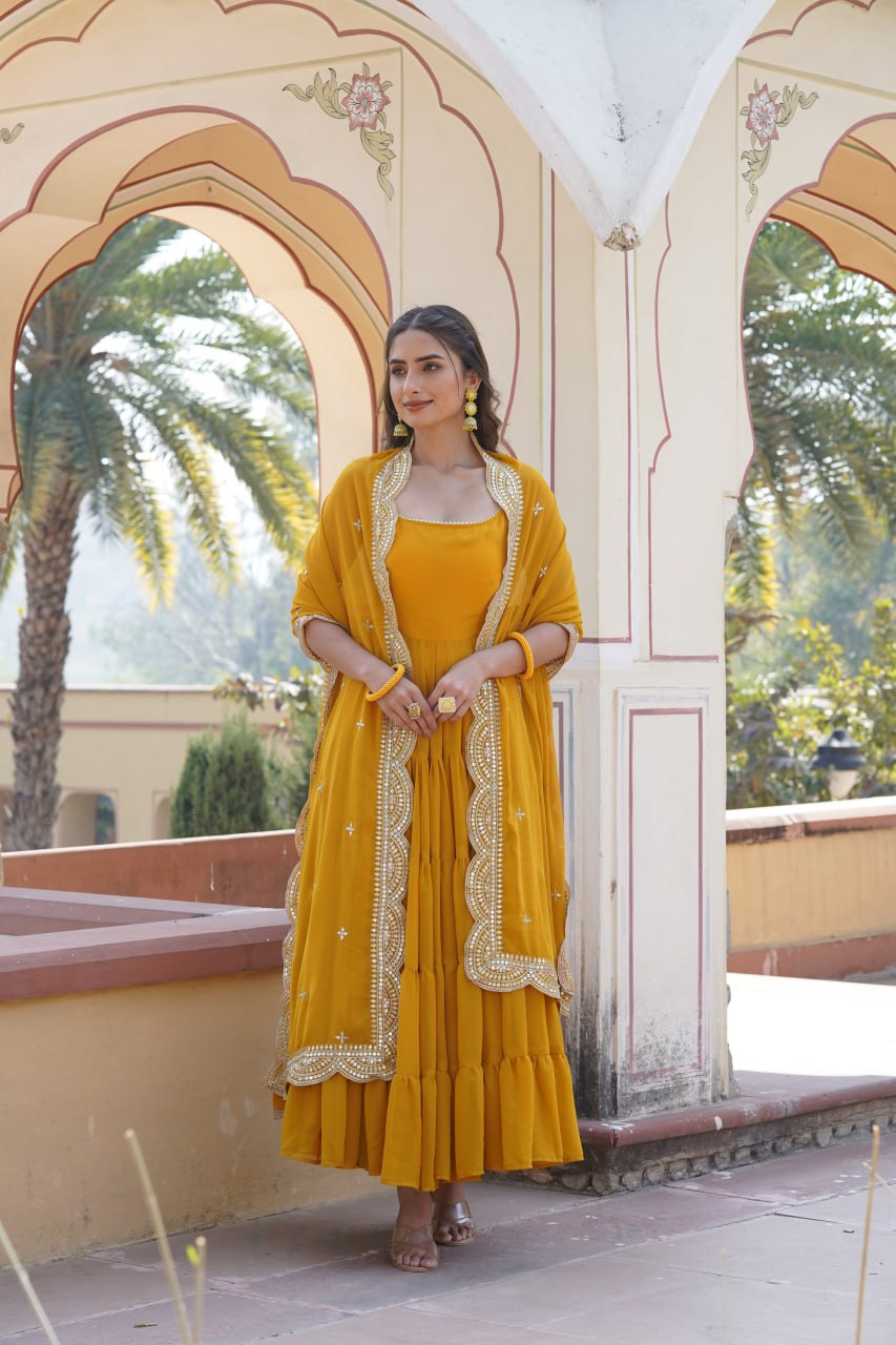 Yellow Color Fox Georgette Party Wear Gown