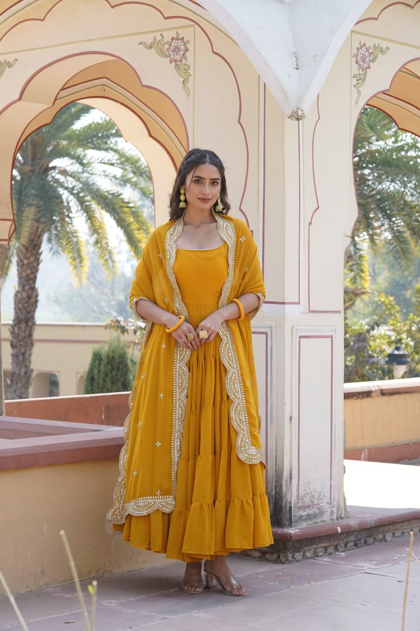 Yellow Color Fox Georgette Party Wear Gown