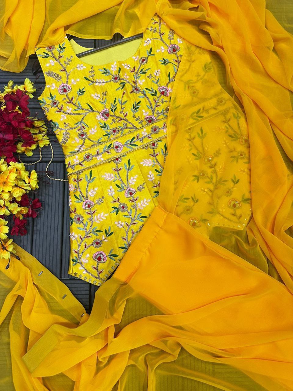 Yellow Rready To Wear Saree With Full Koti